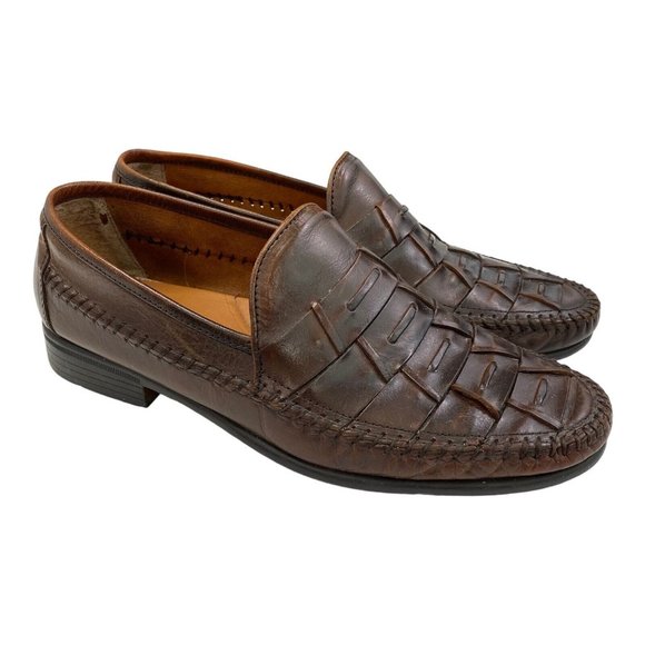 French Shriner Avalon Dress Shoe Mens Size 10 Loafer Slip On Woven Brown Leather - Picture 2 of 14